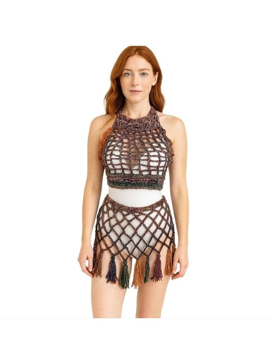 Handmade Other - Handmade Crochet Swim Cover-up Fishnet Design Multicolor Rainbow Halter Crop-Top